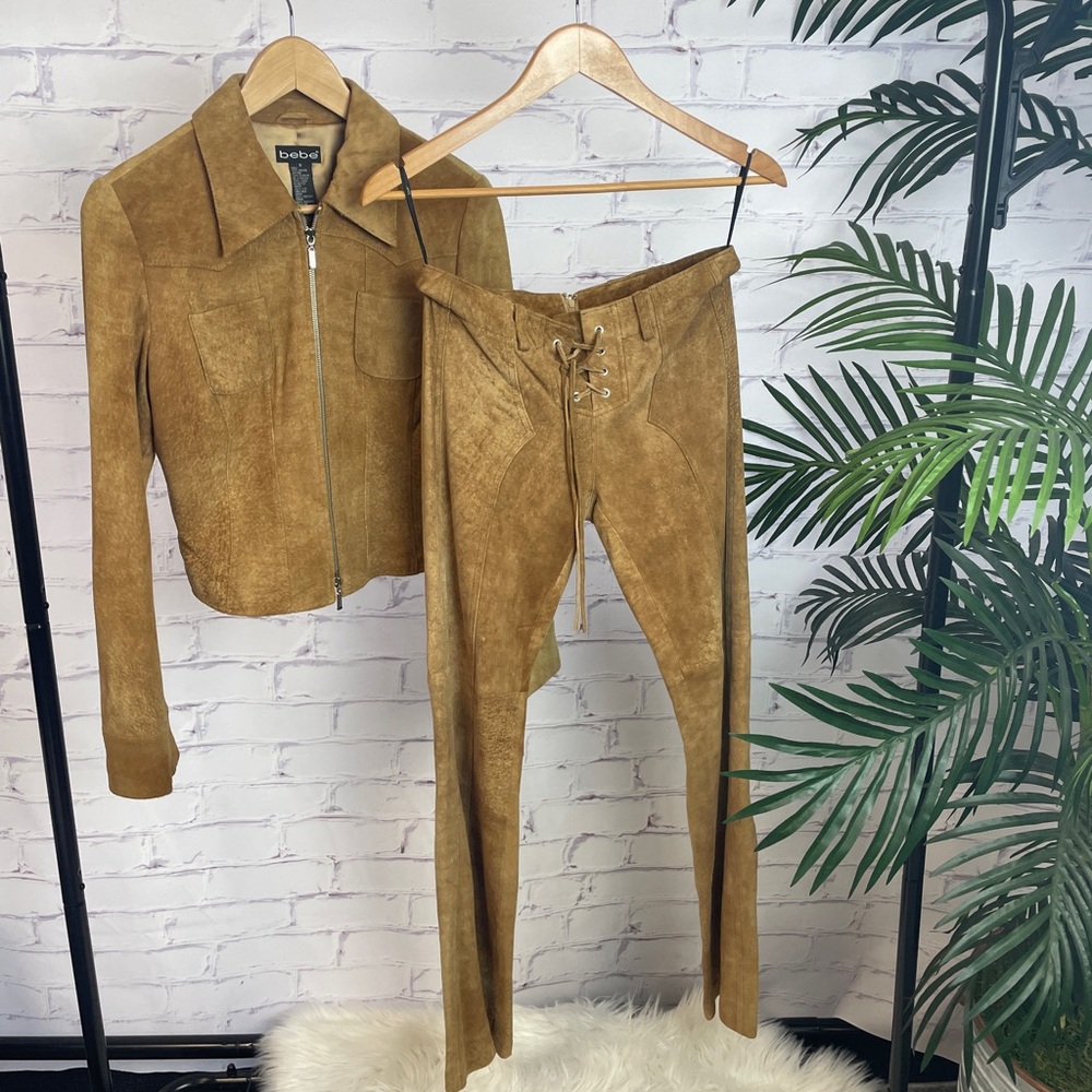 Bebe Tan Suede Lace-Up Pants with Matching Jacket